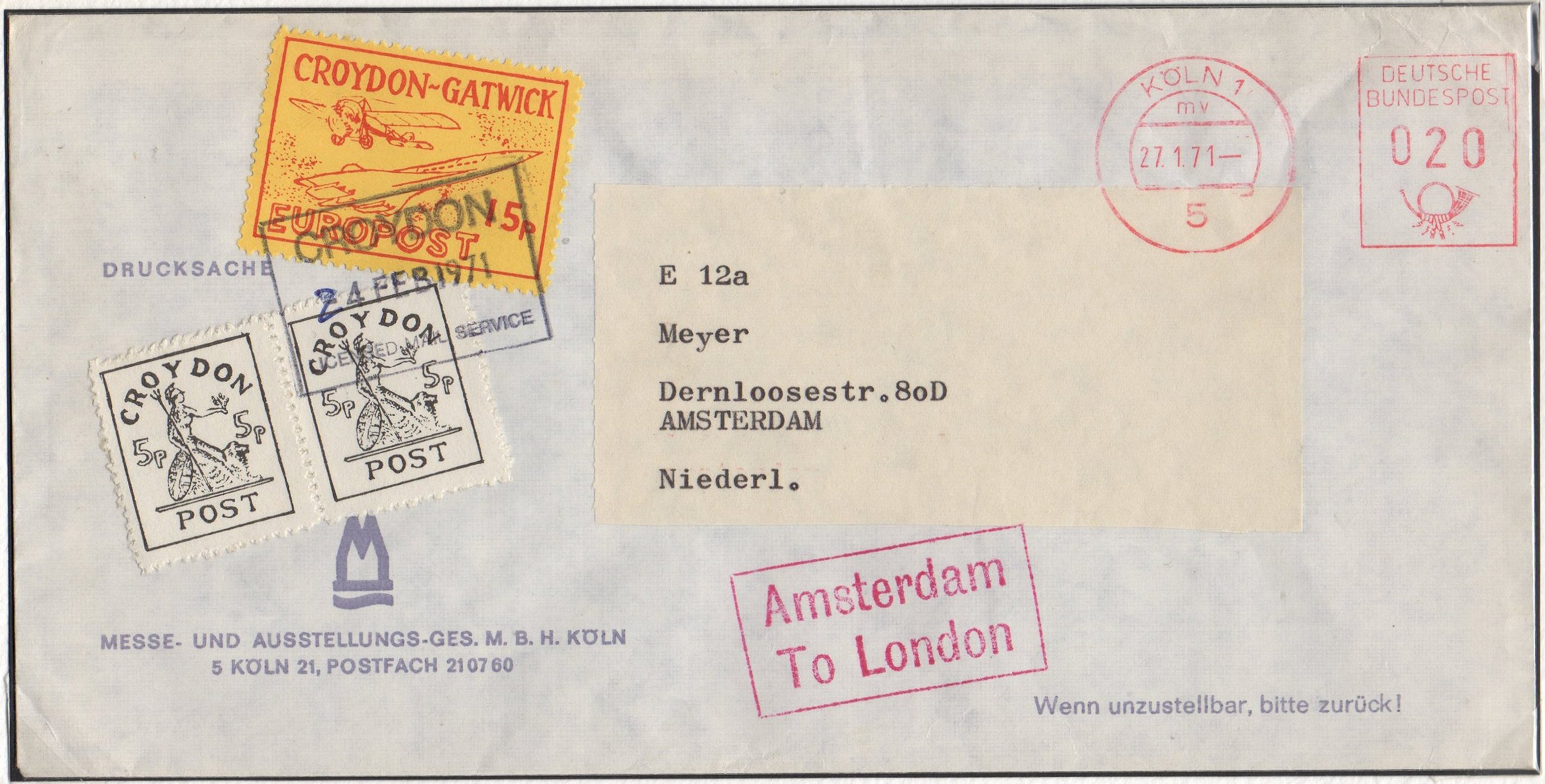 1971 Croydon Gatwick Strike Post cover with multiple CGP franking, Feb 24th 1971